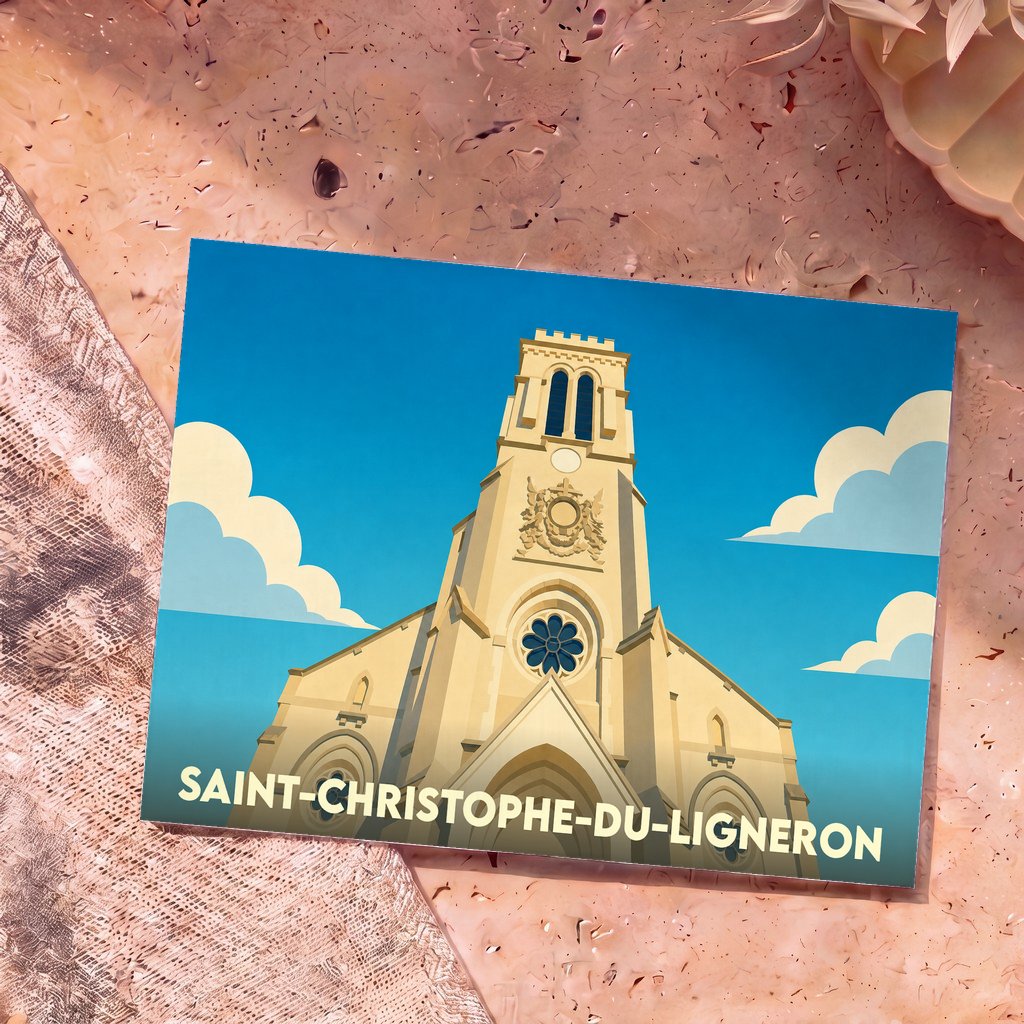 Carte postale souvenir de la ville de Saint-Christophe-du-Ligneron avec une illustration stylisée de son église.