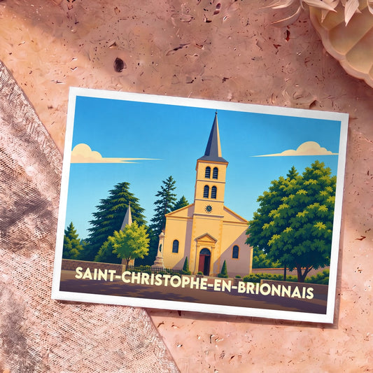 Carte postale souvenir de Saint-Christophe-en-Brionnais avec une illustration stylisée de son église sous un ciel bleu.