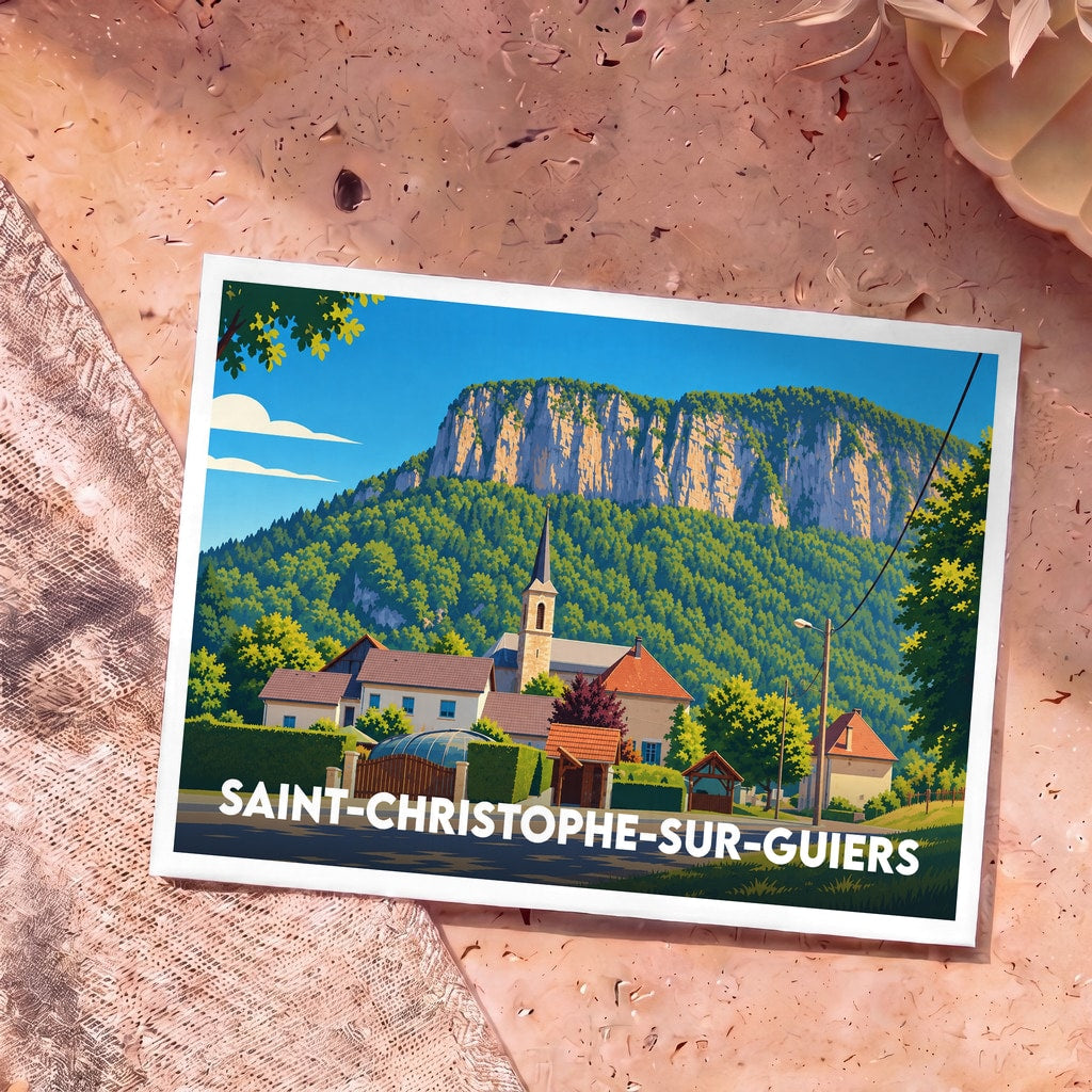 Carte postale souvenir de la ville de Saint-Christophe-sur-Guiers avec une illustration stylisée de son église au pied des montagnes.