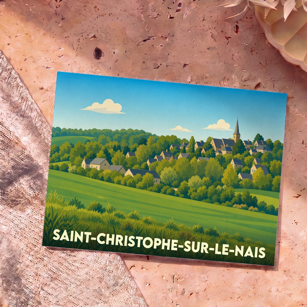 Carte postale souvenir de la ville de Saint-Christophe-sur-le-Nais avec une illustration stylisée d'un village vallonné.
