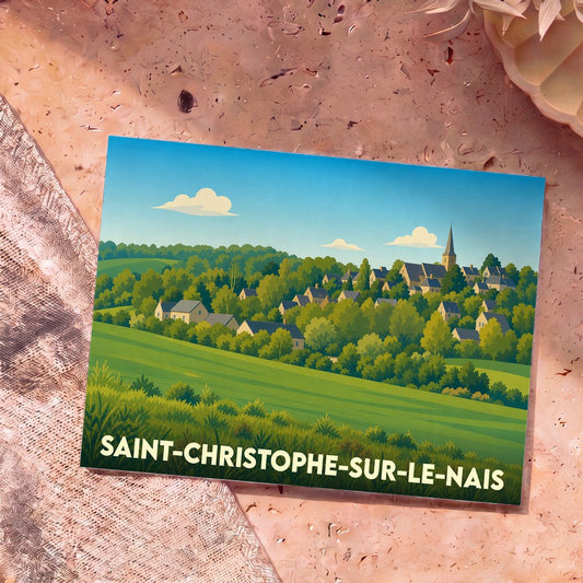 Carte postale souvenir de la ville de Saint-Christophe-sur-le-Nais avec une illustration stylisée d'un village vallonné.