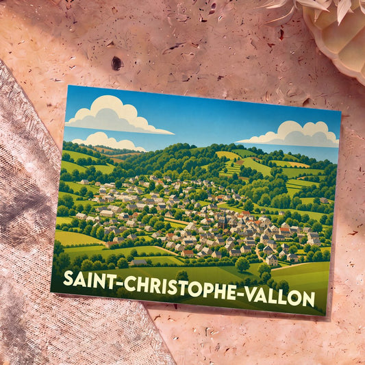 Carte postale souvenir de la ville de Saint-Christophe-Vallon avec une illustration stylisée d'un village niché dans une vallée verdoyante.