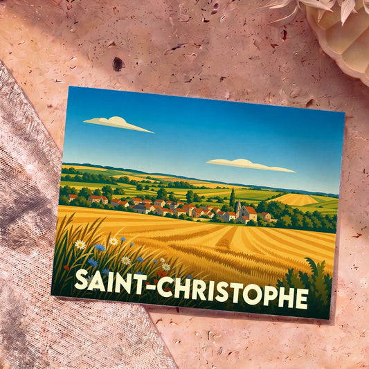 Carte postale souvenir de la ville de Saint-Christophe avec une illustration stylisée de champs dorés et d'un village.
