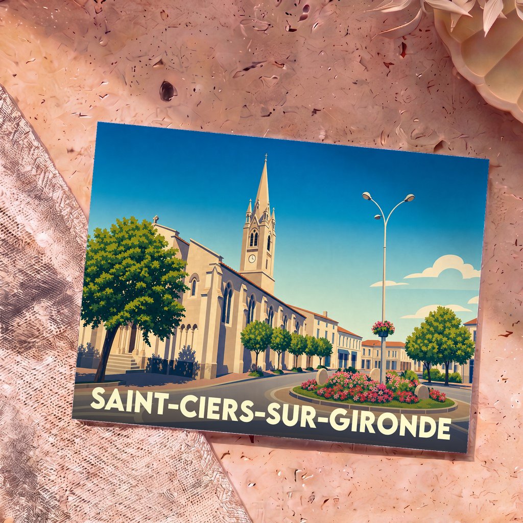 Carte postale souvenir de la ville de Saint-Ciers-sur-Gironde avec une illustration stylisée de son église et de sa place fleurie.