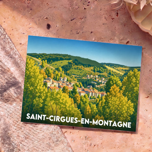 Carte postale souvenir de la ville de Saint-Cirgues-en-Montagne avec une illustration stylisée d'un village niché dans une vallée boisée.