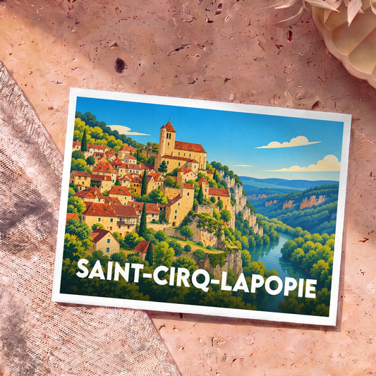 Carte postale souvenir de la ville de Saint-Cirq-Lapopie avec une illustration stylisée d'un village médiéval surplombant une rivière.
