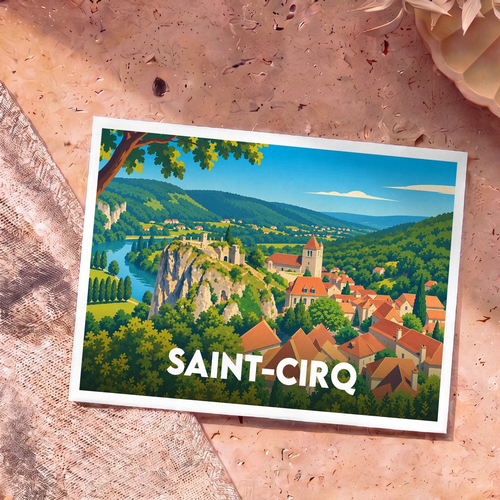 Carte postale souvenir de la ville de Saint-Cirq avec une illustration stylisée d'un village médiéval en bord de rivière.