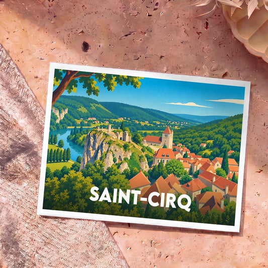 Carte postale souvenir de la ville de Saint-Cirq avec une illustration stylisée d'un village médiéval en bord de rivière.