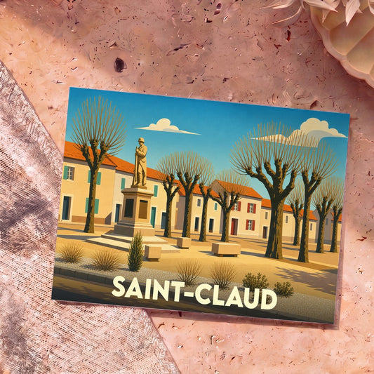 Carte postale souvenir de la ville de Saint-Claud avec une illustration stylisée de sa place principale.