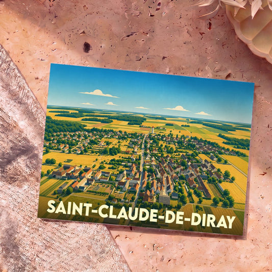 Carte postale souvenir de la ville de Saint-Claude-de-Diray avec une vue aérienne illustrée du village et de ses champs.