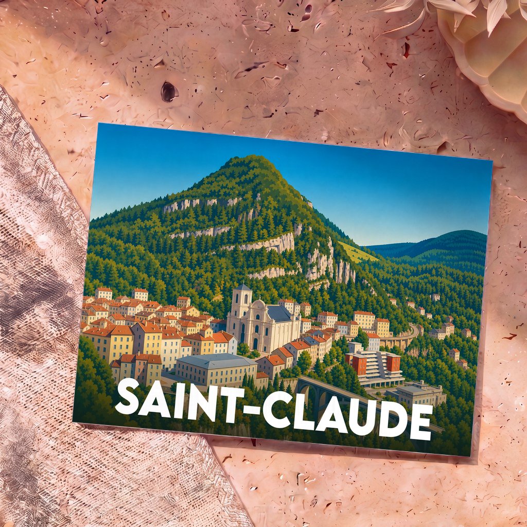 Carte postale souvenir de la ville de Saint-Claude avec une illustration colorée de ses paysages montagneux.