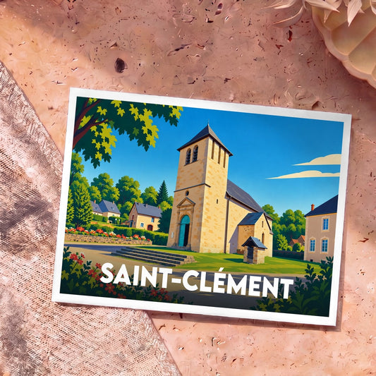 Carte postale souvenir de la ville de Saint-Clément avec une illustration stylisée de son église.