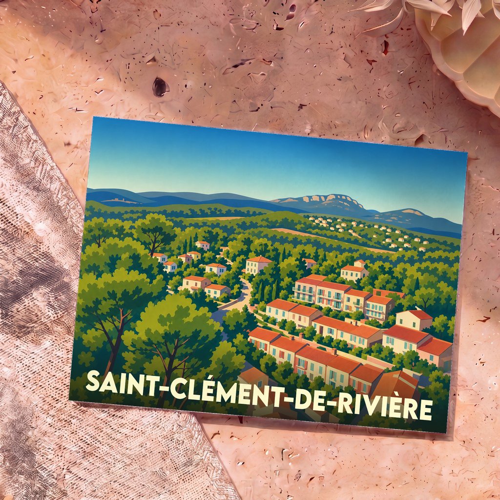 Carte postale souvenir de la ville de Saint-Clément-de-Rivière avec une illustration stylisée et colorée.