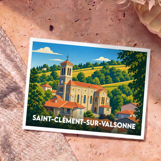 Carte postale souvenir de la ville de Saint-Clément-sur-Valsonne avec une illustration stylisée de son église et du paysage environnant.