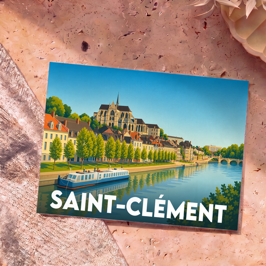 Carte postale souvenir de la ville de Saint-Clément avec une illustration stylisée des bords de rivière.