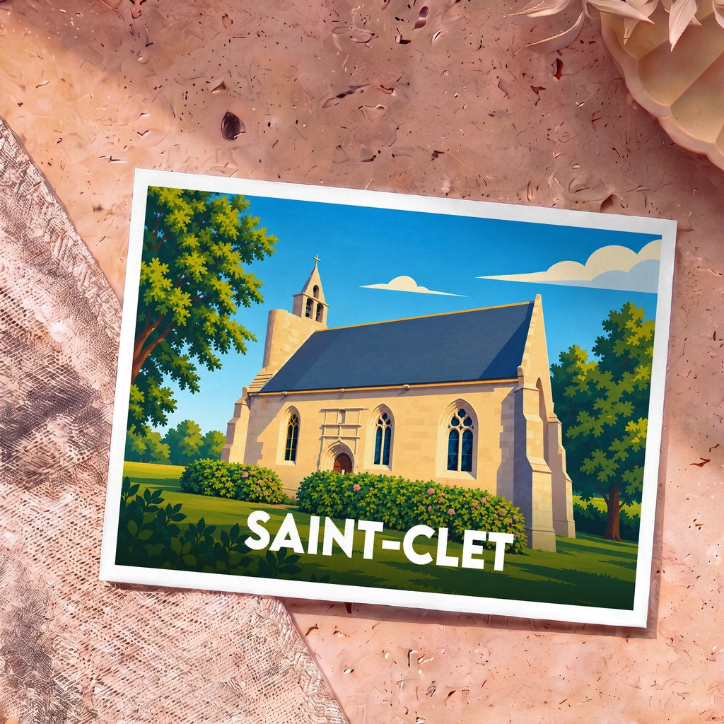 Carte postale souvenir de la ville de Saint-Clet avec une illustration stylisée d'une église sous un ciel bleu.