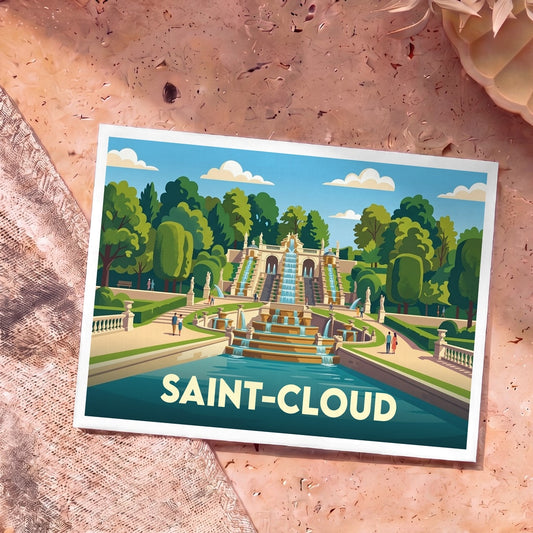 Carte postale souvenir de la ville de Saint-Cloud avec une illustration stylisée de son parc et de ses cascades.