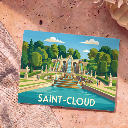 Carte postale souvenir de la ville de Saint-Cloud avec une illustration stylisée de son parc et de ses cascades.