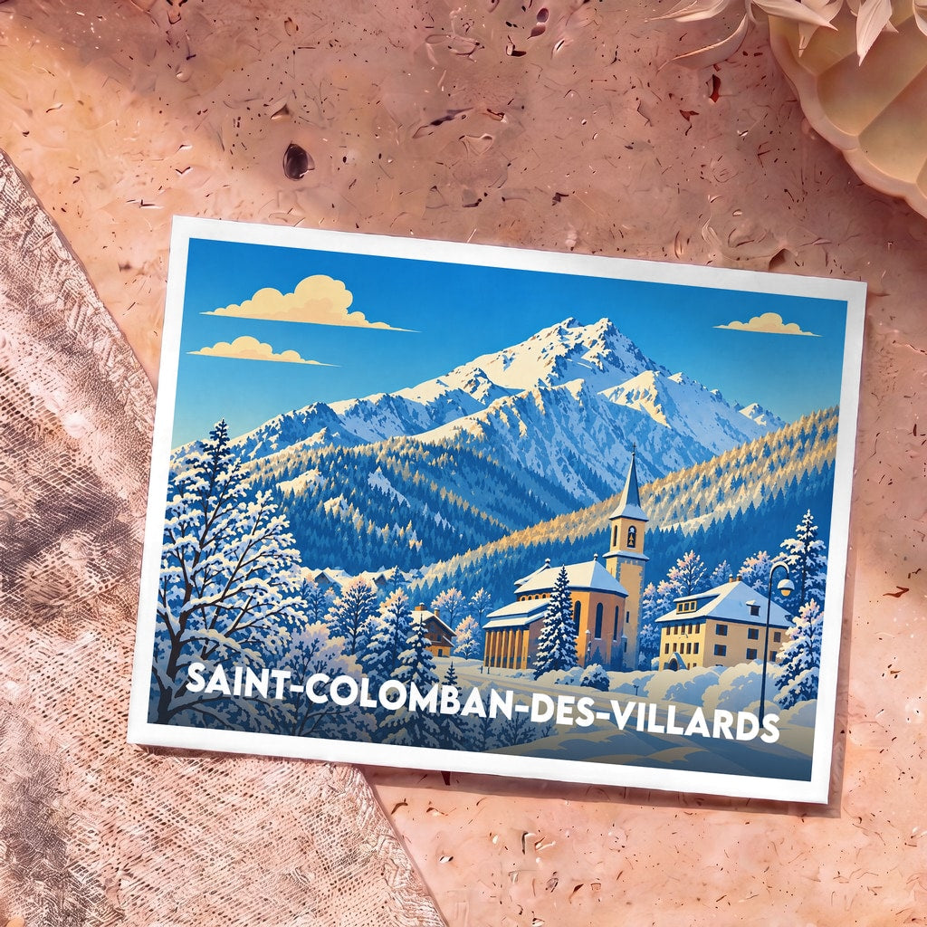 Carte postale souvenir de la ville de Saint-Colomban-des-Villards avec une illustration hivernale stylisée.