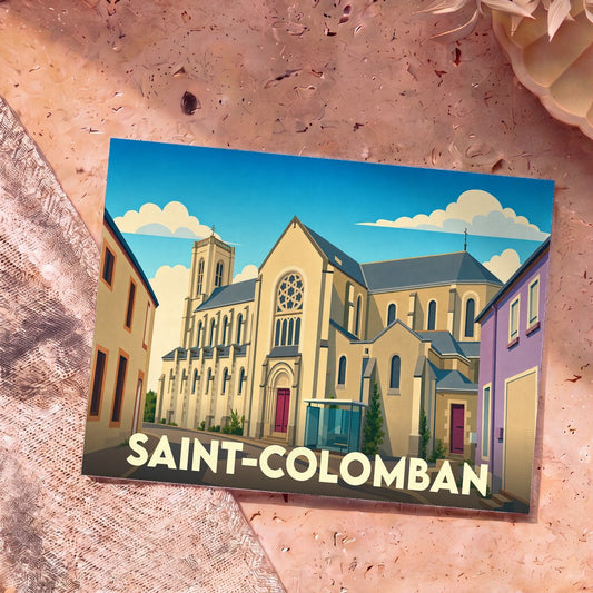 Carte postale souvenir de la ville de Saint-Colomban présentant une illustration stylisée de son église.