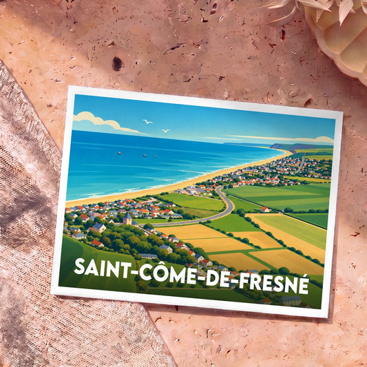 Carte postale souvenir de la ville de Saint-Côme-de-Fresné avec une illustration stylisée du littoral normand.