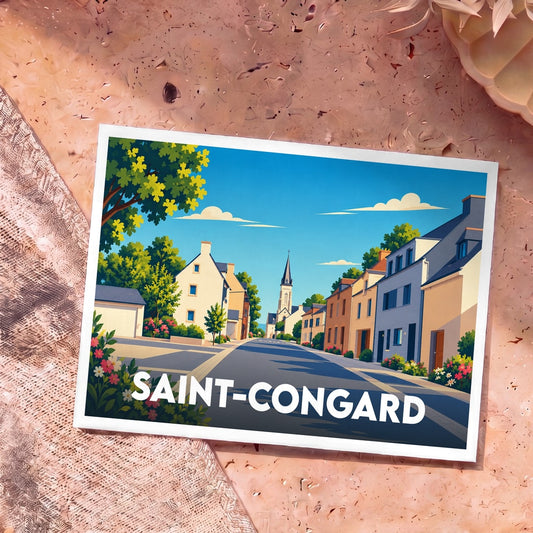 Carte postale souvenir de la ville de Saint-Congard avec une illustration stylisée d'une rue typique et de son église.
