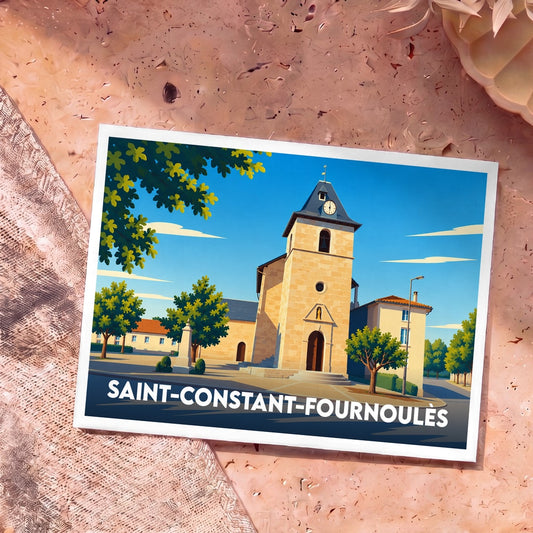 Carte postale souvenir de la commune de Saint-Constant-Fournoulès avec une illustration stylisée de son église.