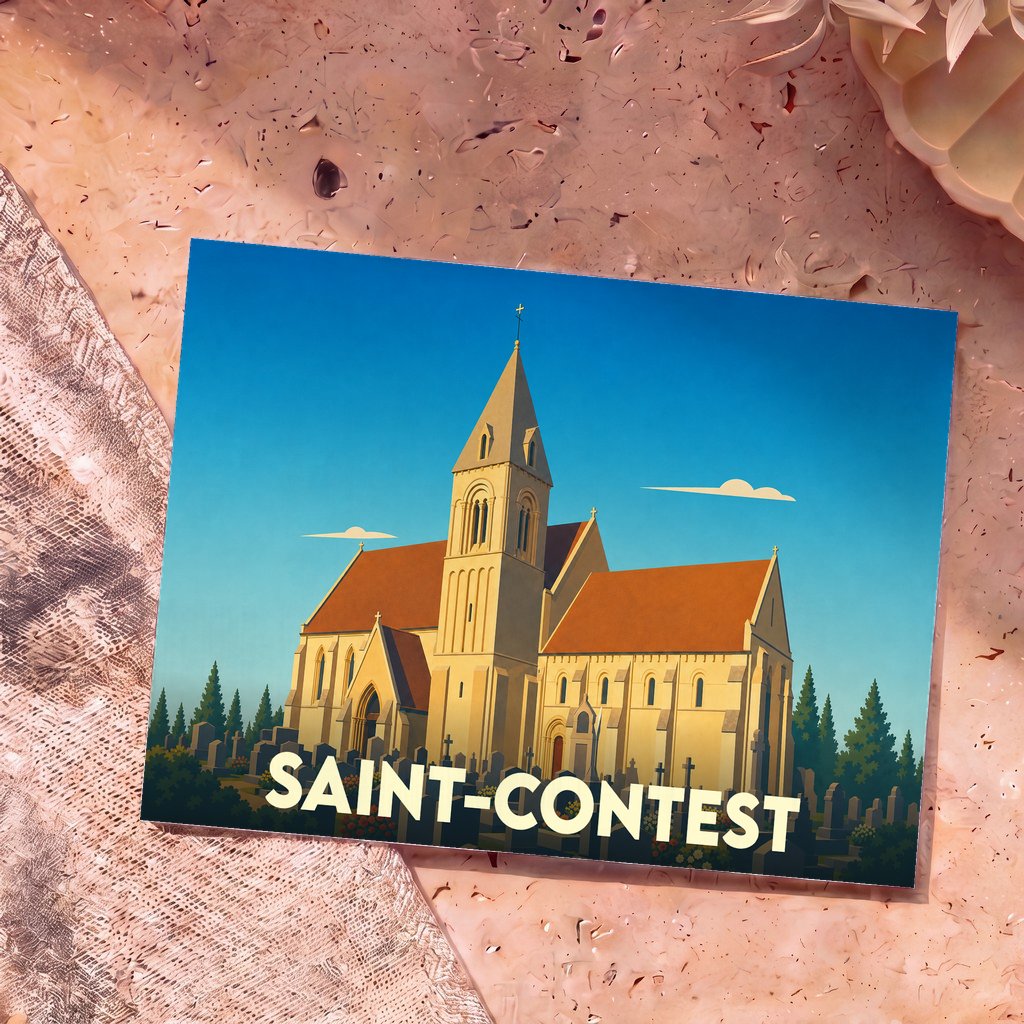 Carte postale souvenir de la ville de Saint-Contest illustrant son église et son cimetière dans un style graphique épuré.