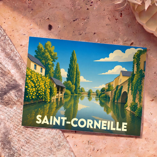Carte postale souvenir de la ville de Saint-Corneille avec une illustration stylisée d'un paysage fluvial paisible.