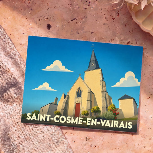 Carte postale souvenir de Saint-Cosme-en-Vairais illustrant l'église locale dans un style graphique épuré.