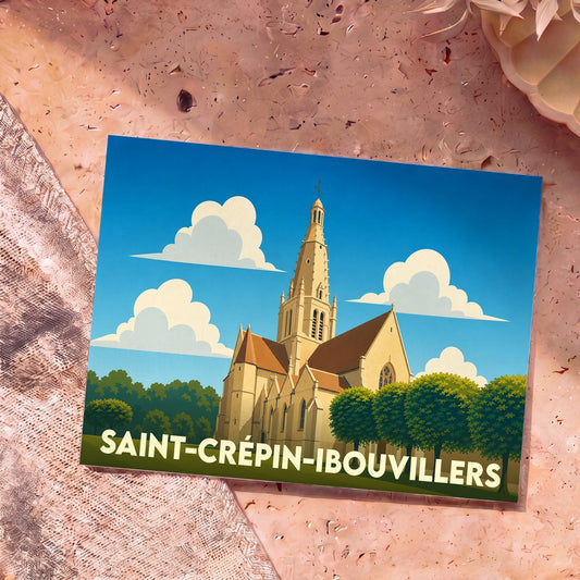 Carte postale souvenir de la ville de Saint-Crépin-Ibouvillers avec une illustration stylisée de son église sous un ciel bleu.