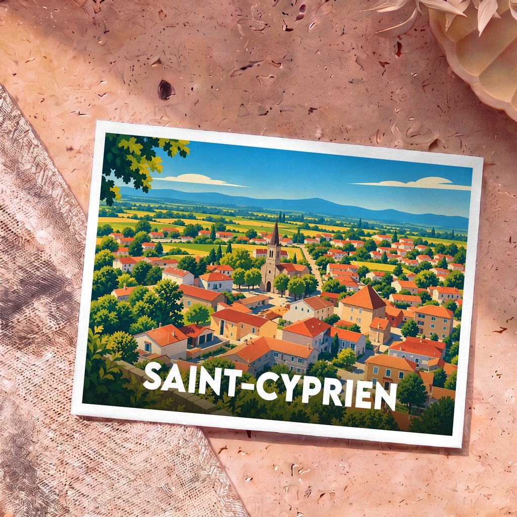 Carte postale souvenir de la ville de Saint-Cyprien avec une illustration stylisée et colorée.