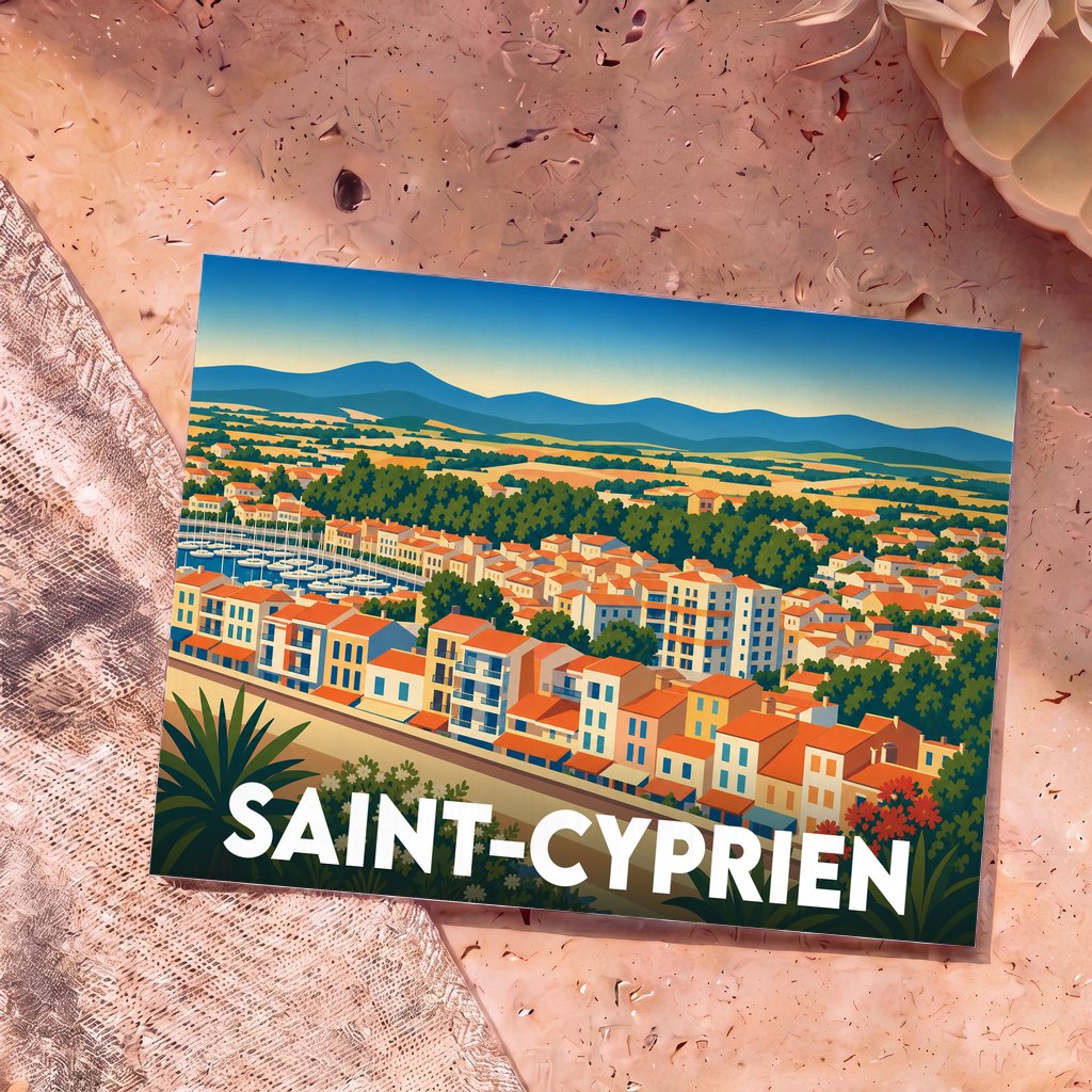 Carte postale souvenir de la ville de Saint-Cyprien avec une illustration stylisée et colorée du port et des montagnes.