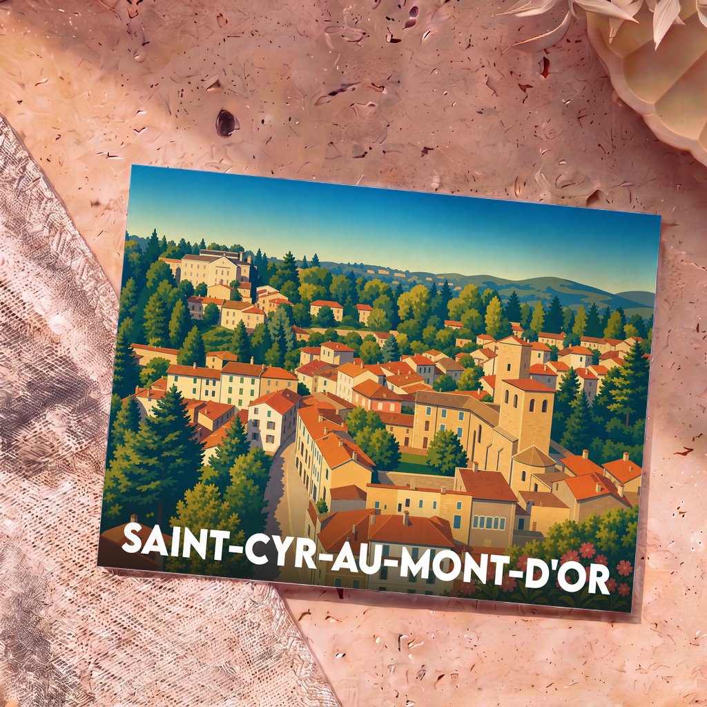Carte postale souvenir de Saint-Cyr-au-Mont-d'Or illustrant une vue plongeante et colorée du village niché dans la verdure.