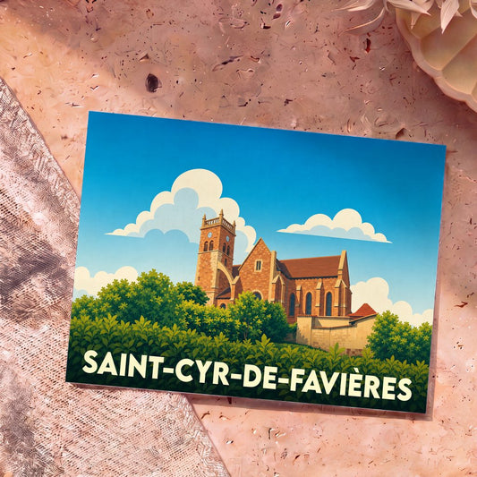 Carte postale souvenir de la ville de Saint-Cyr-de-Favières illustrant son église entourée de verdure.