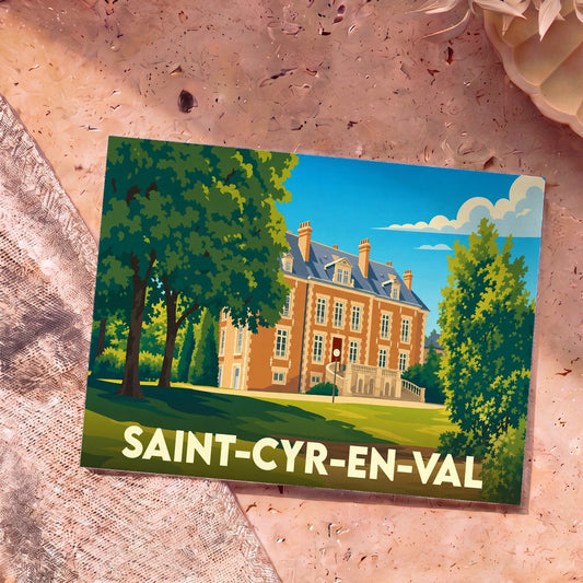 Carte postale souvenir de la ville de Saint-Cyr-en-Val avec une illustration stylisée d'un château.