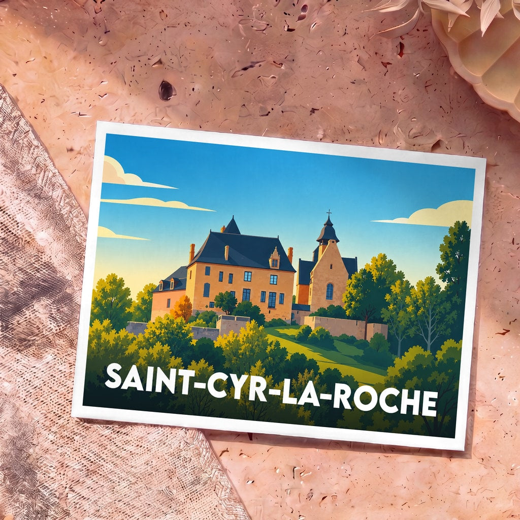 Carte postale souvenir de Saint-Cyr-la-Roche illustrant le village et son église dans un style graphique épuré.