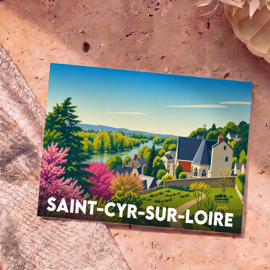 Carte postale souvenir de la ville de Saint-Cyr-sur-Loire avec une illustration stylisée et colorée.