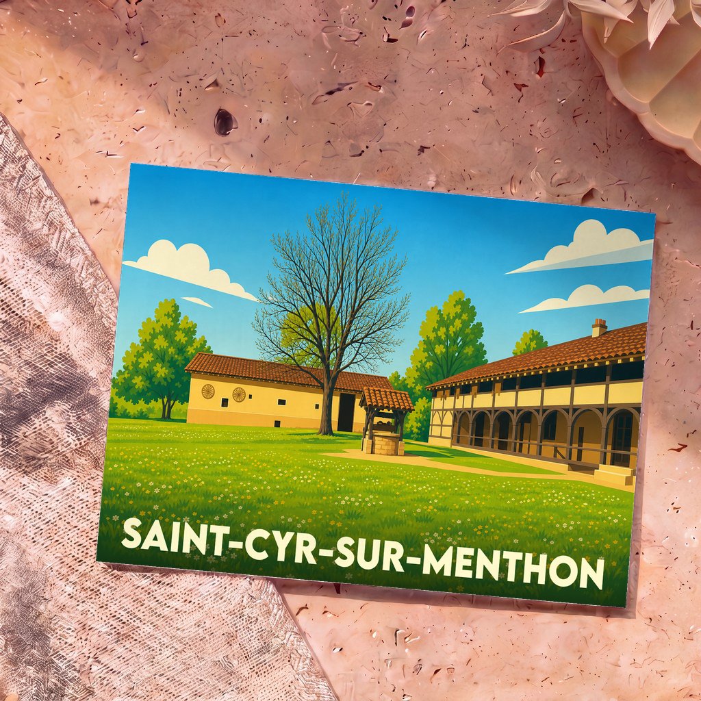 Carte postale souvenir de la ville de Saint-Cyr-sur-Menthon illustrant une ferme bressane traditionnelle dans un style graphique épuré.