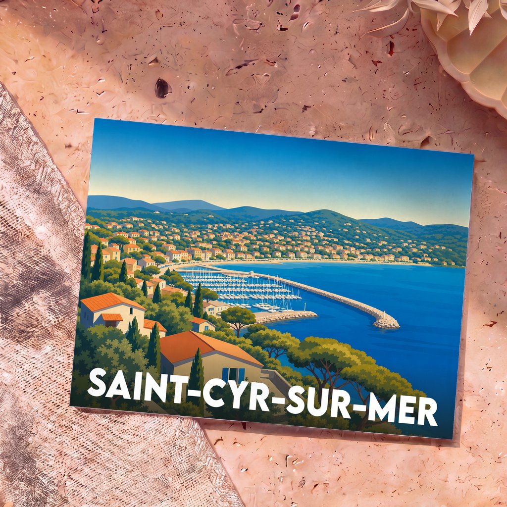 Carte postale souvenir de la ville de Saint-Cyr-sur-Mer avec une illustration stylisée de son port et de sa baie.