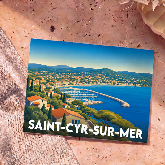 Carte postale souvenir de la ville de Saint-Cyr-sur-Mer avec une illustration stylisée de son port et de sa baie.