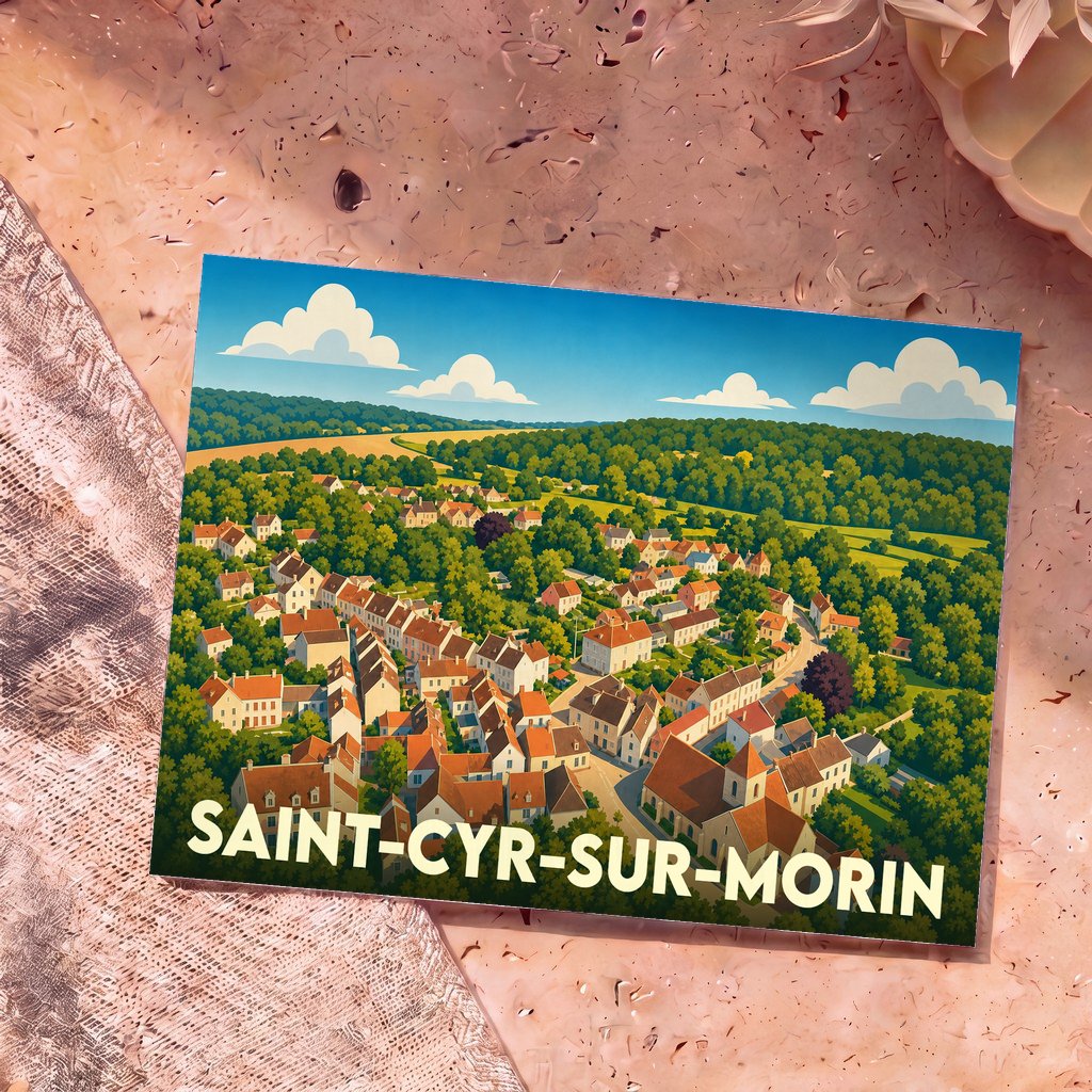 Carte postale souvenir de la ville de Saint-Cyr-sur-Morin avec une illustration stylisée d'un village verdoyant.