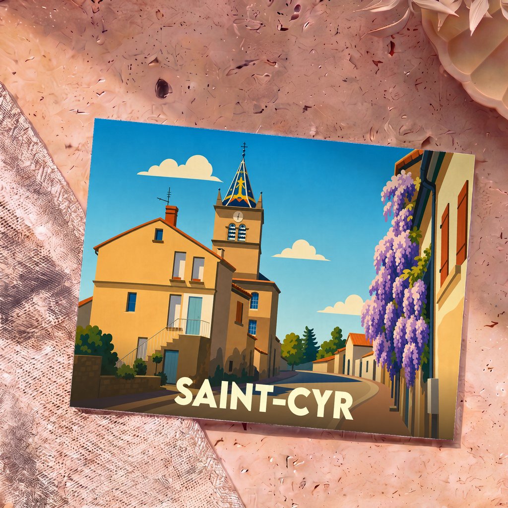 Carte postale souvenir de la ville de Saint-Cyr avec une illustration stylisée de son église et de ses rues fleuries.