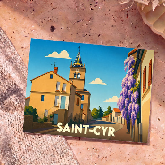 Carte postale souvenir de la ville de Saint-Cyr avec une illustration stylisée de son église et de ses rues fleuries.