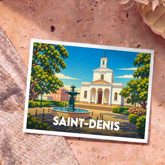 Carte postale souvenir de la ville de Saint-Denis illustrant une place ensoleillée avec une fontaine et une église.