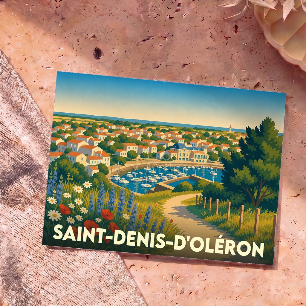 Carte postale souvenir de la ville de Saint-Denis-d'Oléron avec une illustration colorée de son port et de son village.
