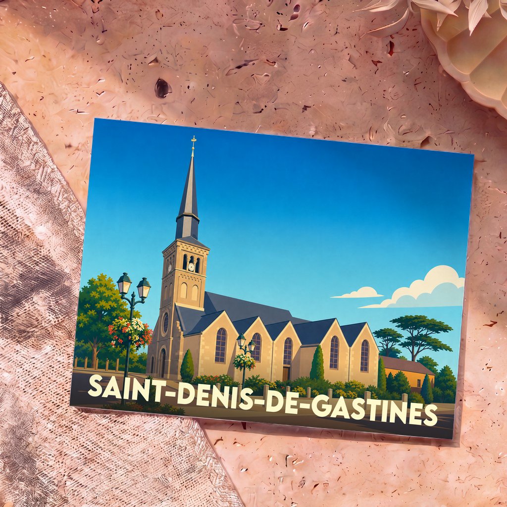 Carte postale souvenir de la ville de Saint-Denis-de-Gastines avec une illustration stylisée de son église.