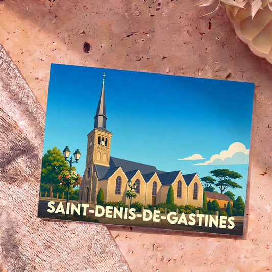 Carte postale souvenir de la ville de Saint-Denis-de-Gastines avec une illustration stylisée de son église.