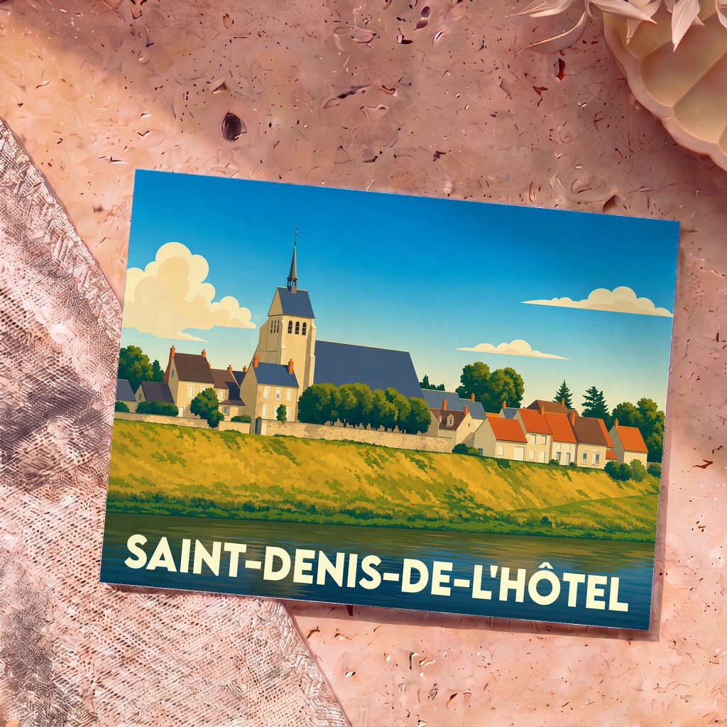 Carte postale souvenir de la ville de Saint-Denis-de-l'Hôtel avec une illustration stylisée.