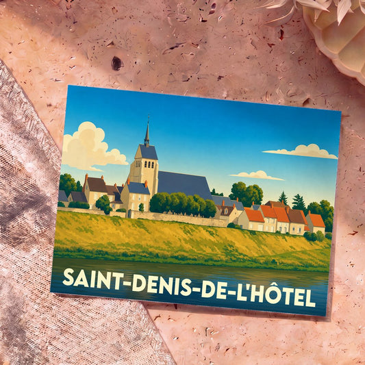 Carte postale souvenir de la ville de Saint-Denis-de-l'Hôtel avec une illustration stylisée.